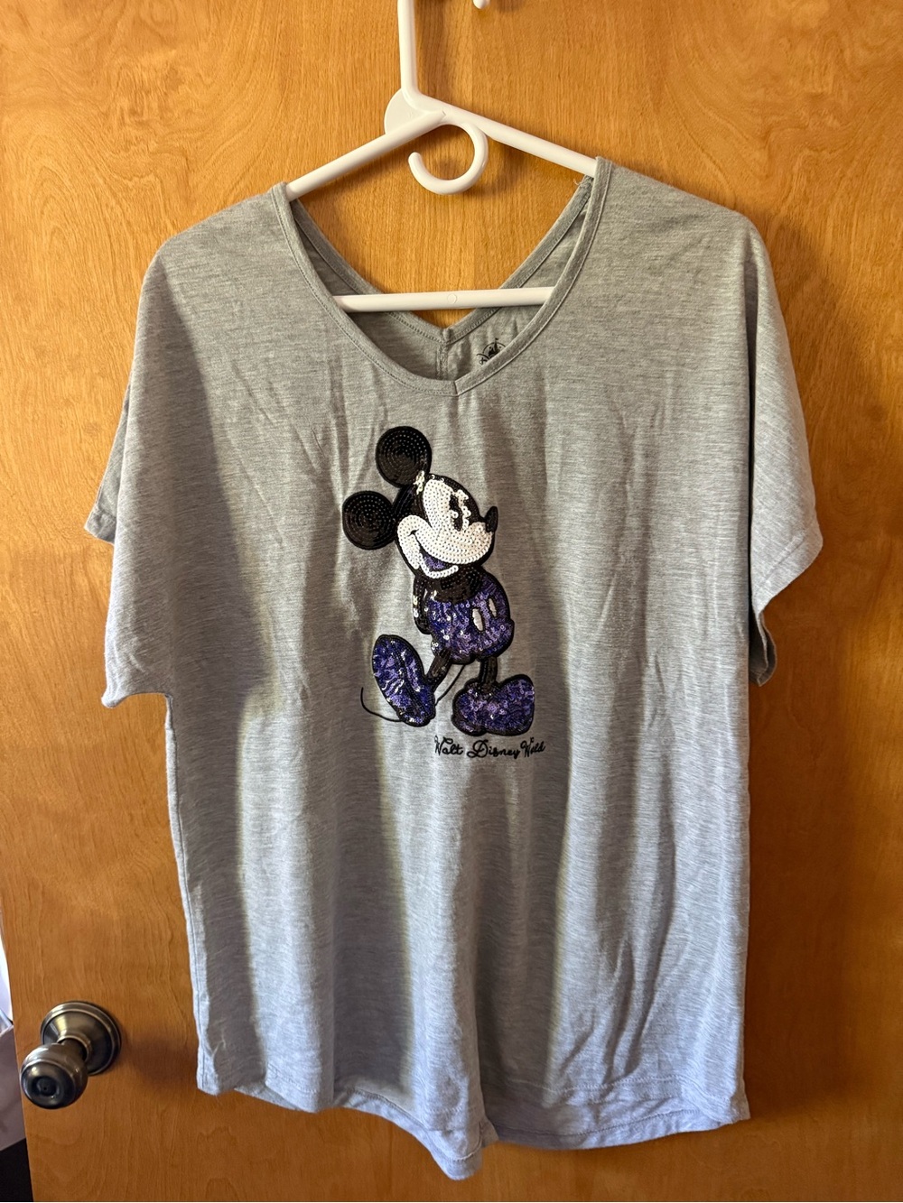 Disney Gray Tee with Purple Sequin Mickey Graphic